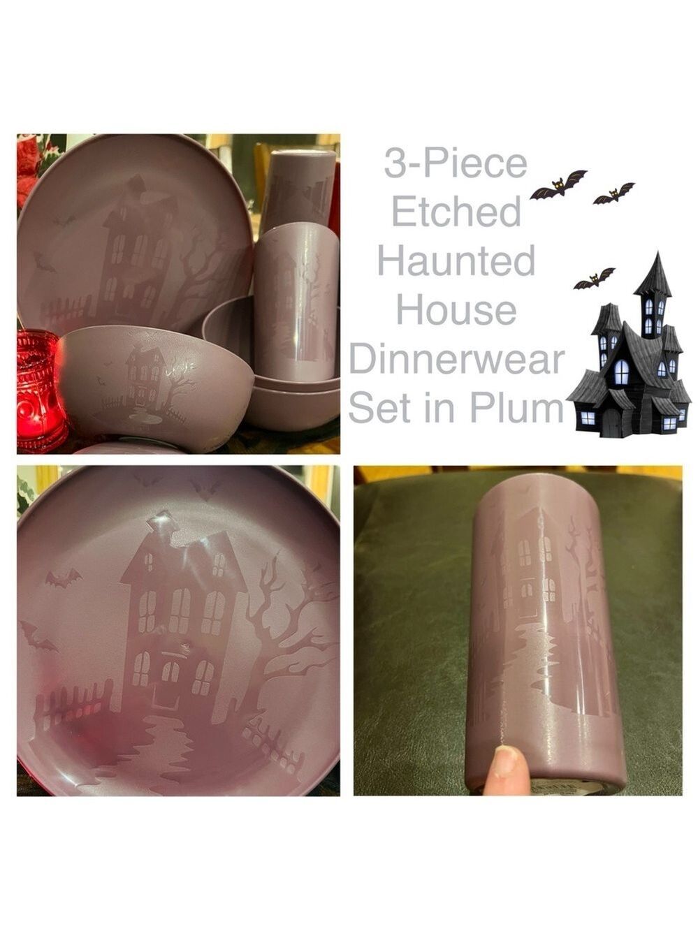 New Etched Haunted House 3-Piece Dinnerware Set in Purple/Plum